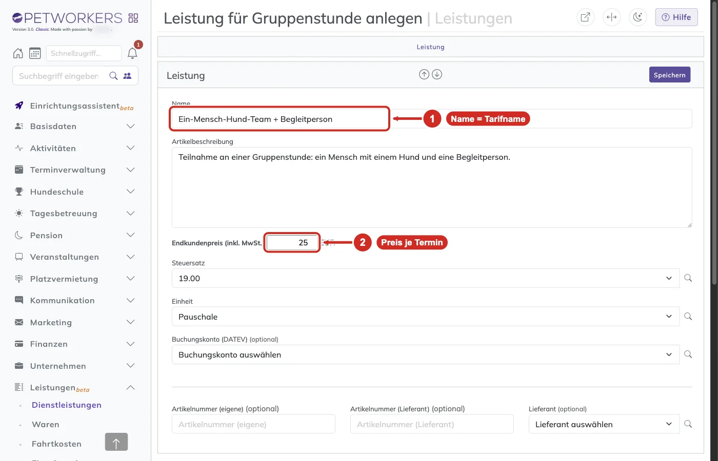 PetWorkers Classic: Leistung Ein-Mensch-Hund-Team + Begleitperson mit Preis 25