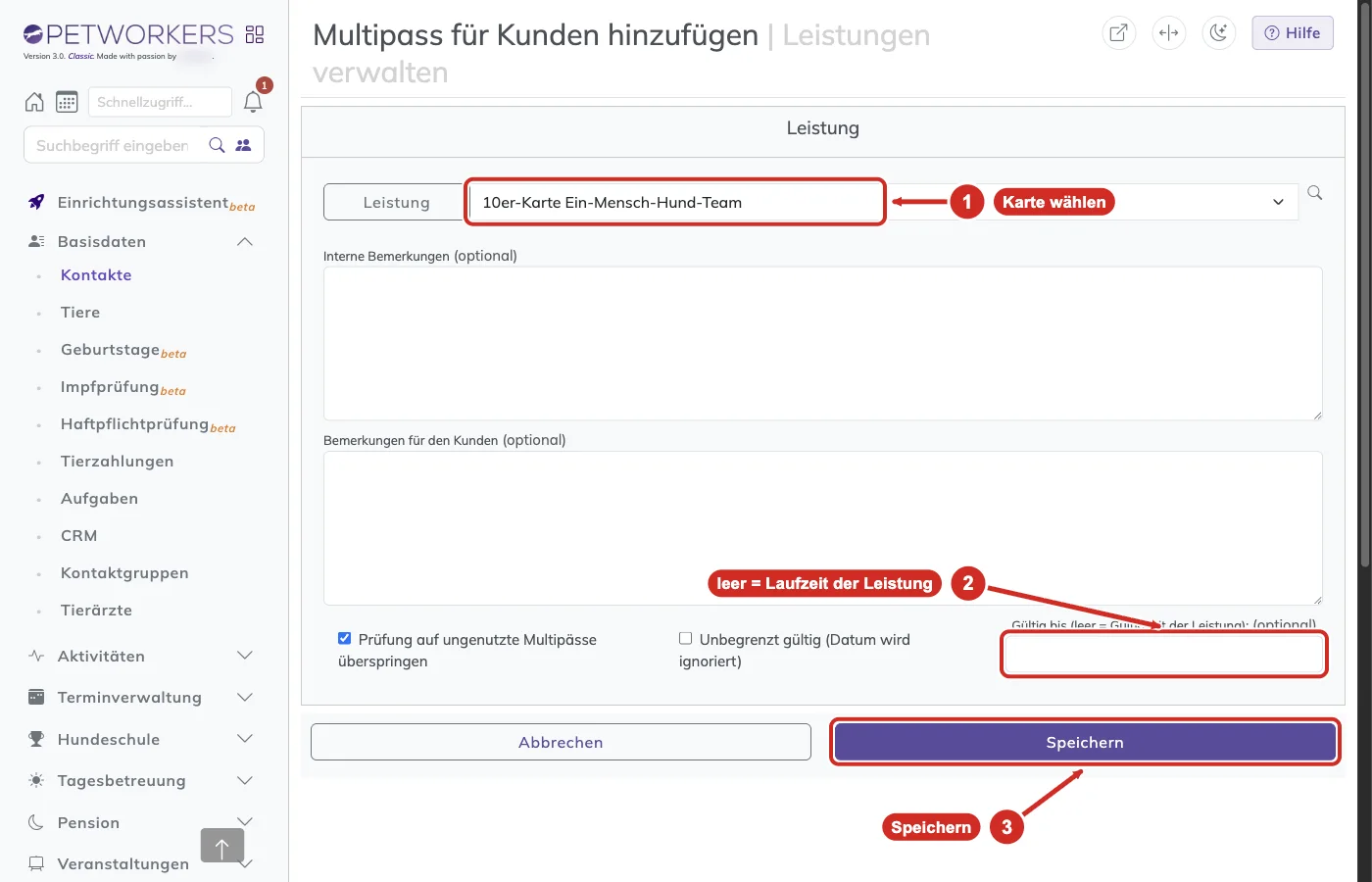 PetWorkers Classic: Formular Multipass für Kunden hinzufügen mit Leistung 10er-Karte Ein-Mensch-Hund-Team