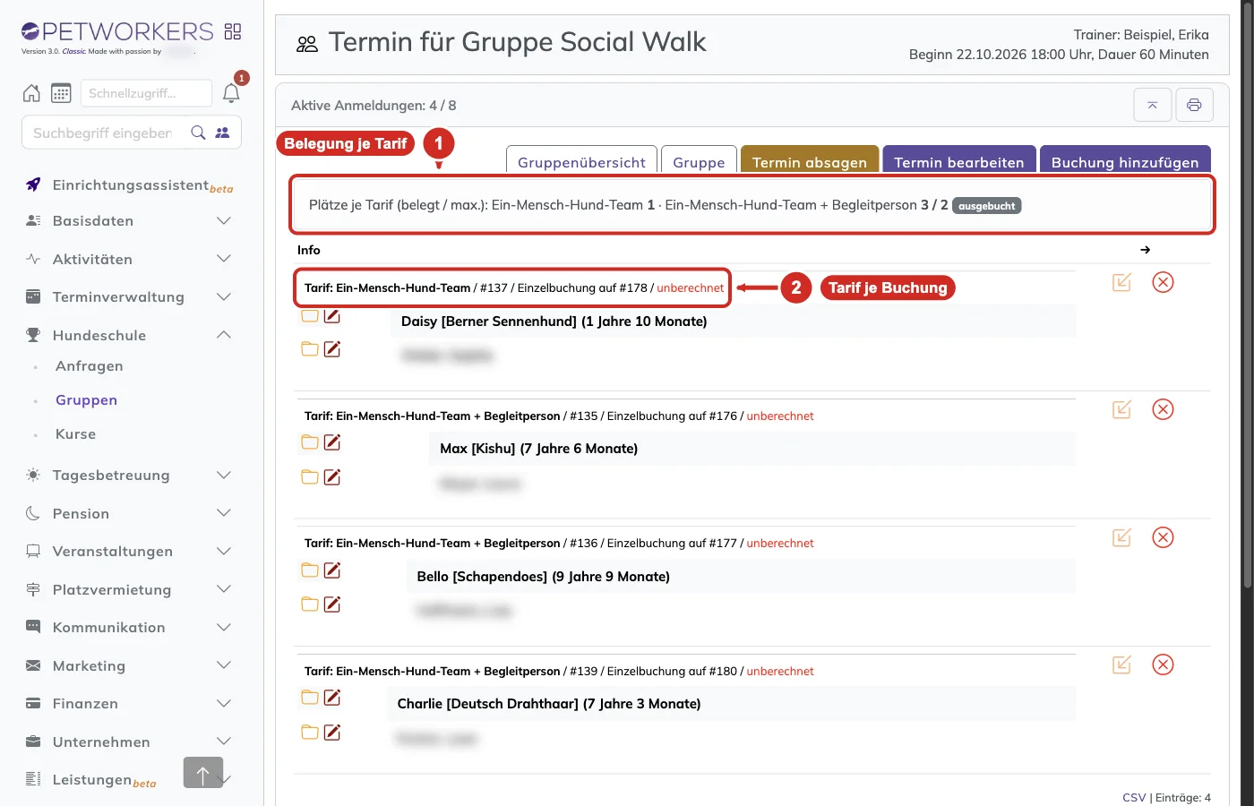 PetWorkers Classic: Termin der Gruppe Social Walk mit Plätze je Tarif (belegt / max.) und Tarif je Buchung
