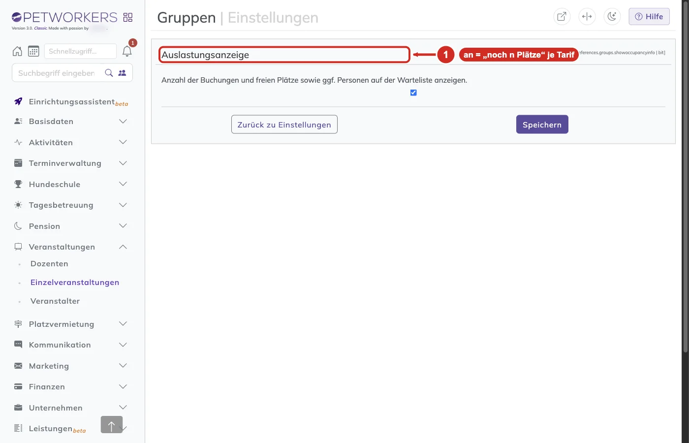 PetWorkers Classic: Einstellung Auslastungsanzeige für Gruppen mit gesetztem Haken