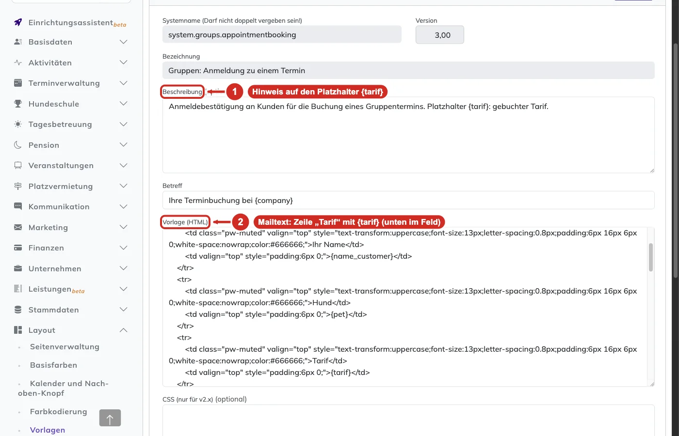 PetWorkers Classic: Vorlage Gruppen: Anmeldung zu einem Termin mit dem Platzhalter für den Tarif