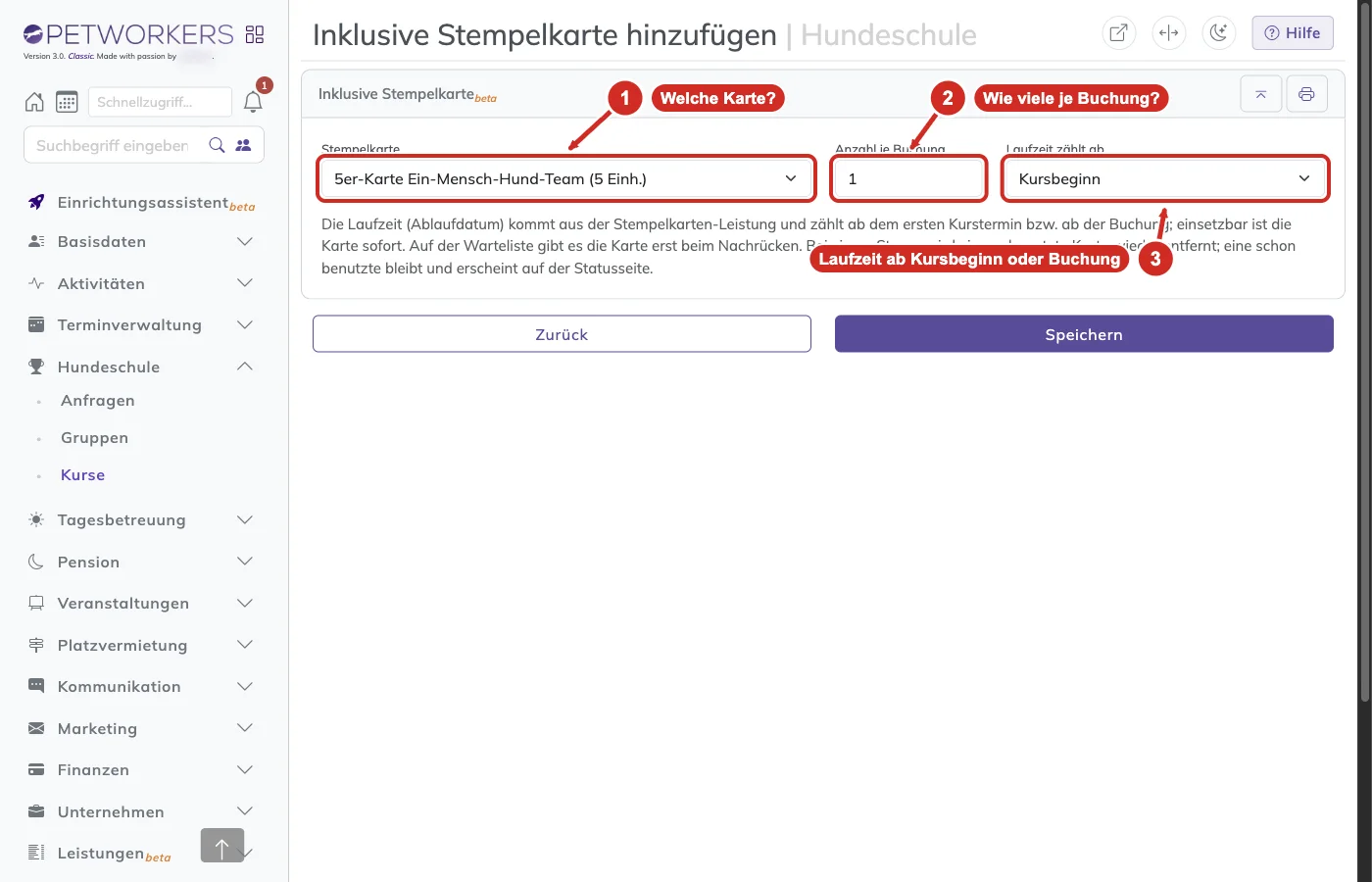 PetWorkers Classic: Formular Inklusive Stempelkarte hinzufügen mit Stempelkarte, Anzahl je Buchung und Laufzeit zählt ab
