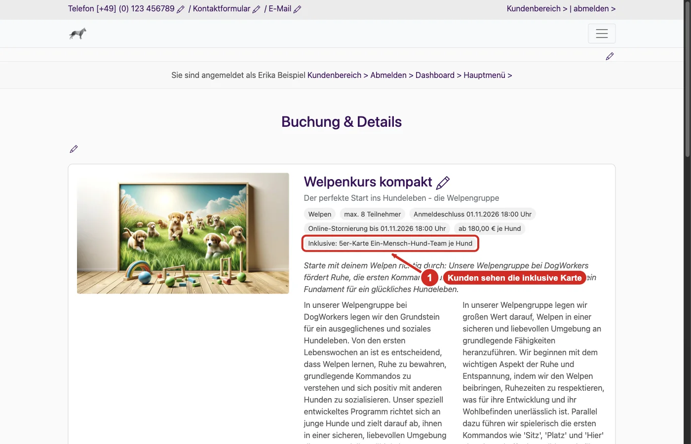 PetWorkers Classic: Kursseite mit dem Merkmal Inklusive: 5er-Karte Ein-Mensch-Hund-Team je Hund