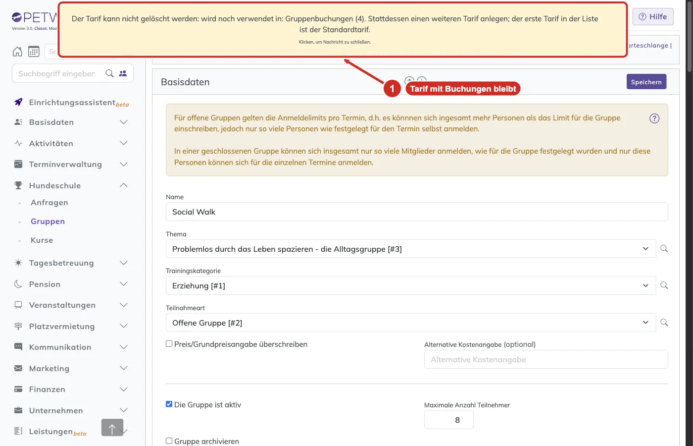 PetWorkers Classic: Meldung Der Tarif kann nicht gelöscht werden: wird noch verwendet in: Gruppenbuchungen (4)