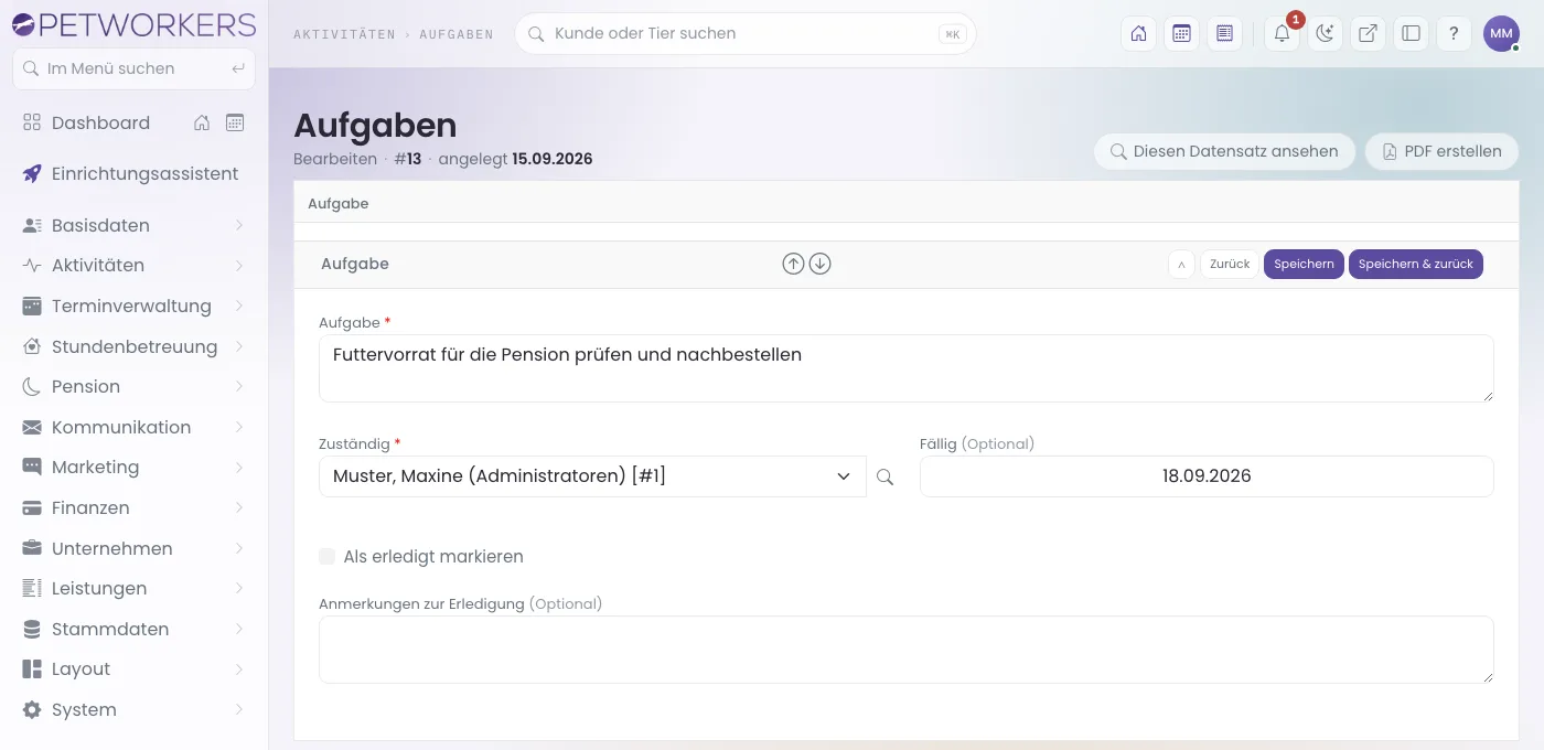 Eine Aufgabe bearbeiten: Text, Zuständig, Fällig, „Als erledigt markieren" und die Anmerkungen zur Erledigung.