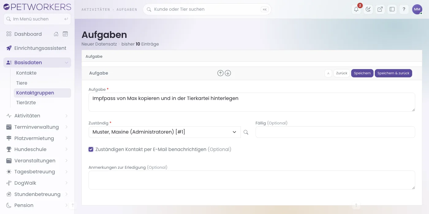 Eine neue Aufgabe mit dem Haken zur E-Mail-Benachrichtigung