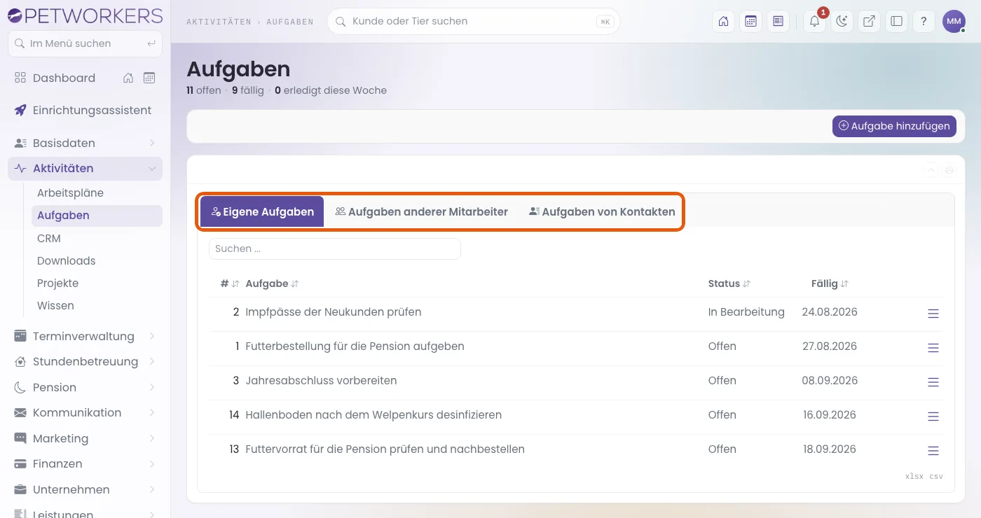 Die Aufgabenliste mit den Reitern „Eigene Aufgaben", „Aufgaben anderer Mitarbeiter" und „Aufgaben von Kontakten".