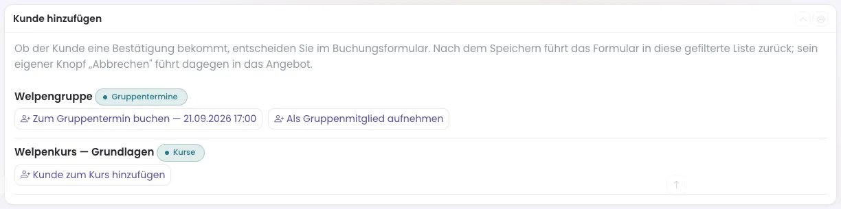 Das Kästchen „Kunde hinzufügen“ mit je einer Zeile für Gruppe und Kurs