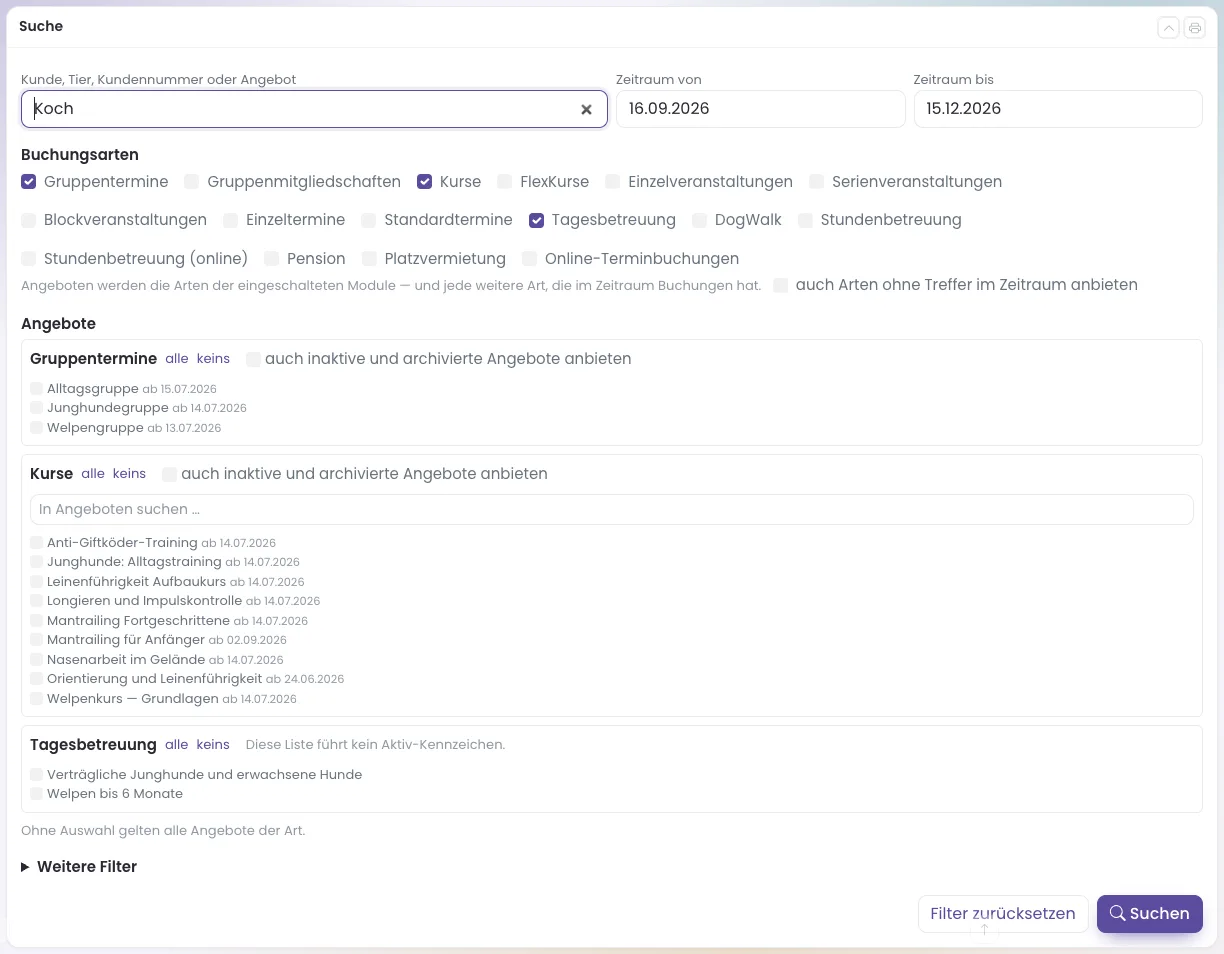 Der Suchkasten des Buchungsmanagers mit Suchbegriff, Zeitraum, Buchungsarten und Angeboten
