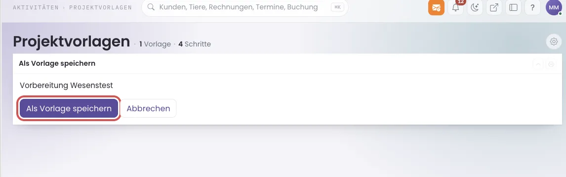 Bestätigungsseite mit markiertem Knopf Als Vorlage speichern