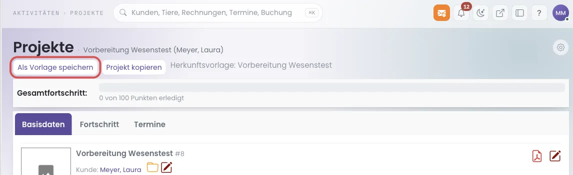 Projektkartei mit markiertem Knopf Als Vorlage speichern
