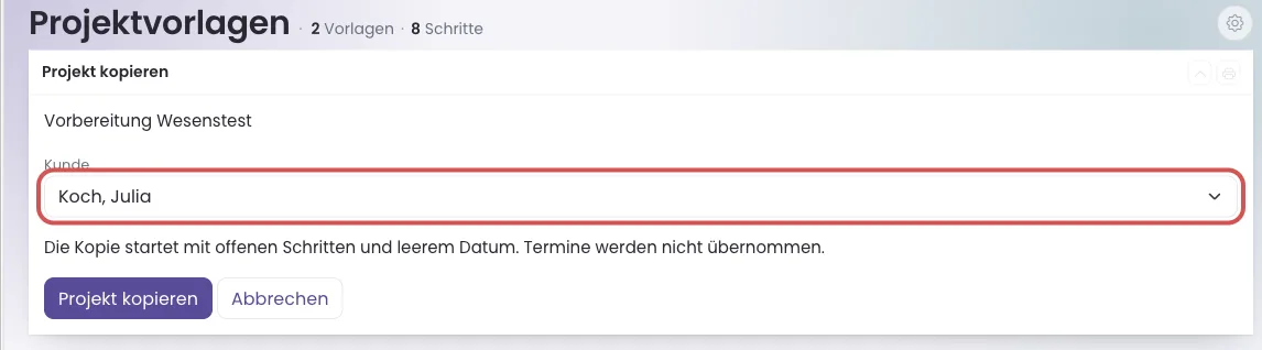 Bestätigungsseite mit markierter Auswahl Kunde
