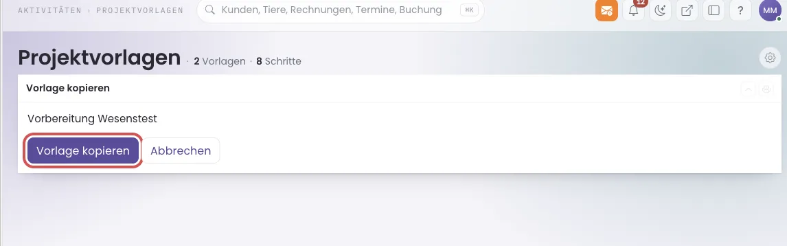Bestätigungsseite mit markiertem Knopf Vorlage kopieren