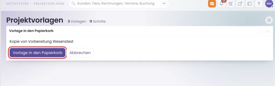 Bestätigungsseite mit markiertem Knopf Vorlage in den Papierkorb