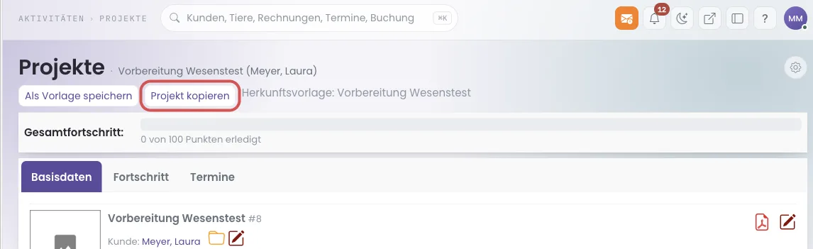 Projektkartei mit markiertem Knopf Projekt kopieren