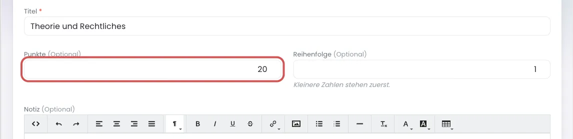 Schrittformular mit markiertem Feld Punkte