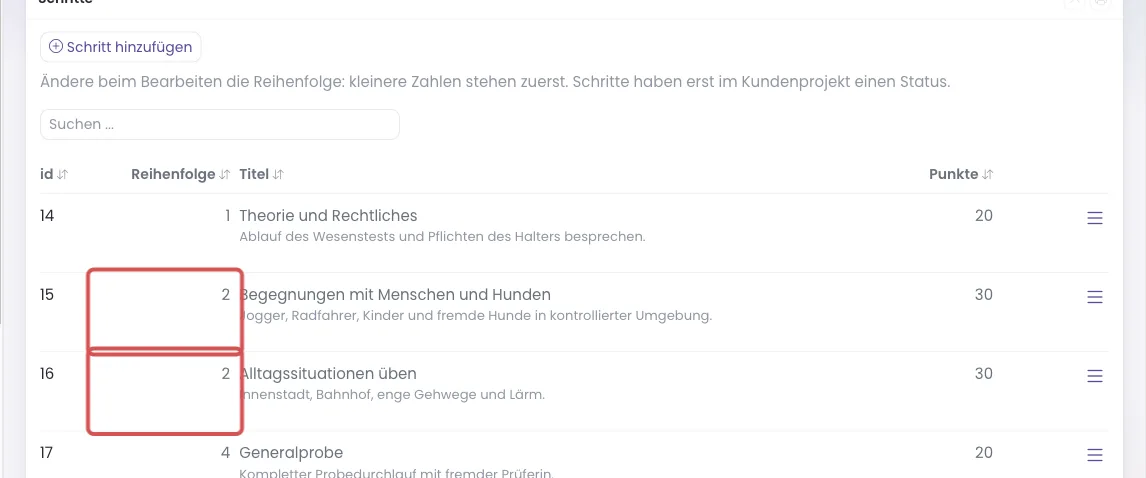 Schrittliste mit markierter Spalte Reihenfolge
