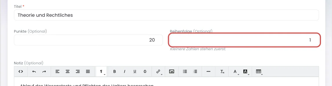 Schrittformular mit markiertem Feld Reihenfolge