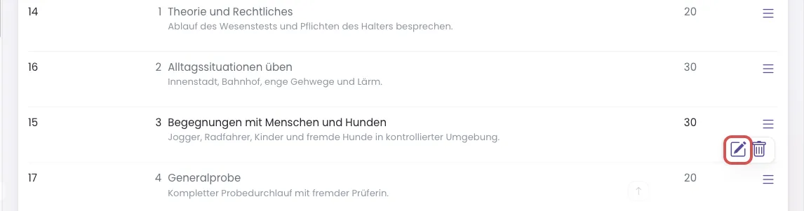 Schrittliste mit geöffnetem Zeilenmenü, Stiftsymbol markiert