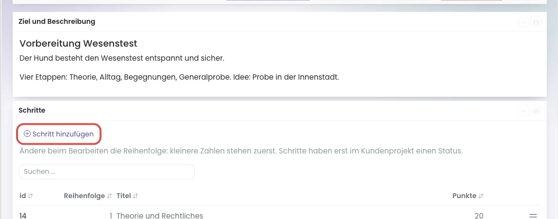 Geöffnete Vorlage mit markiertem Knopf Schritt hinzufügen