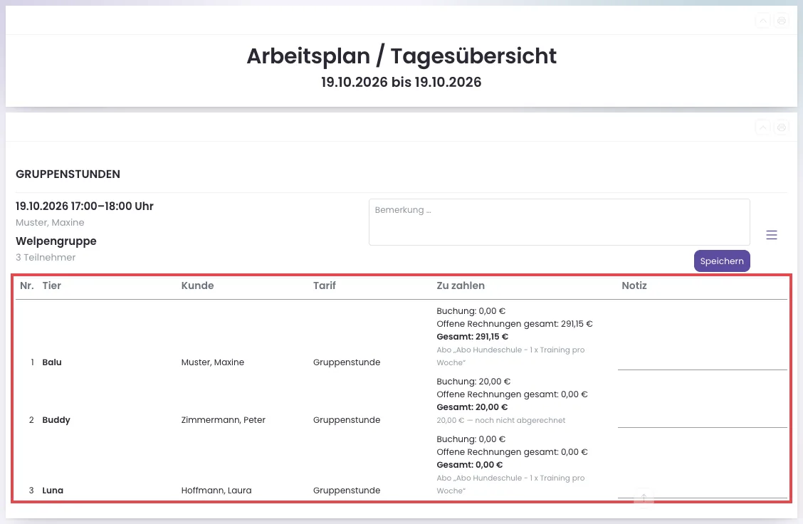 Eine Gruppenstunde im Arbeitsplan mit der Tabelle der Anmeldungen und der Spalte Zu zahlen
