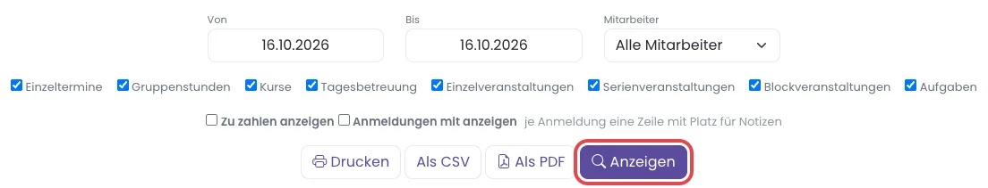 Die Auswahl des Arbeitsplans mit Zeitraum, Mitarbeiter, Abschnitten und dem Knopf Anzeigen