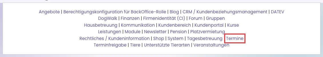 Die Bereiche der Einstellungen mit dem Eintrag Termine