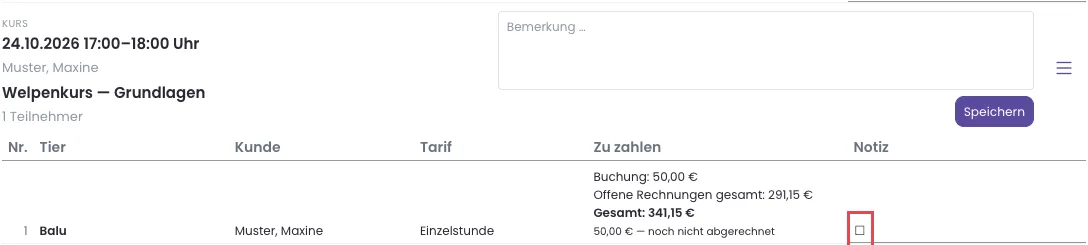 Eine Anmeldezeile mit dem leeren Kästchen in der Spalte Notiz