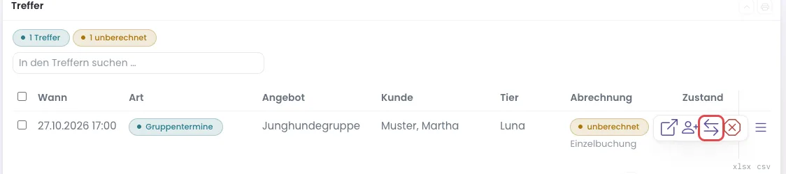 Buchungsmanager: Zeilenmenü mit dem Symbol Zahlweg ändern