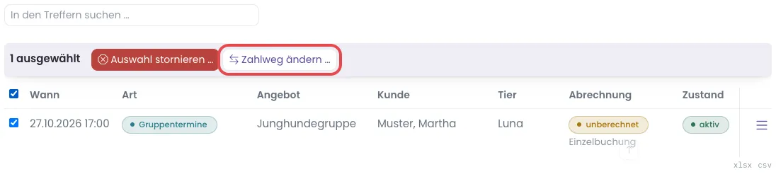 Buchungsmanager: Leiste mit 1 ausgewählt und dem Knopf Zahlweg ändern