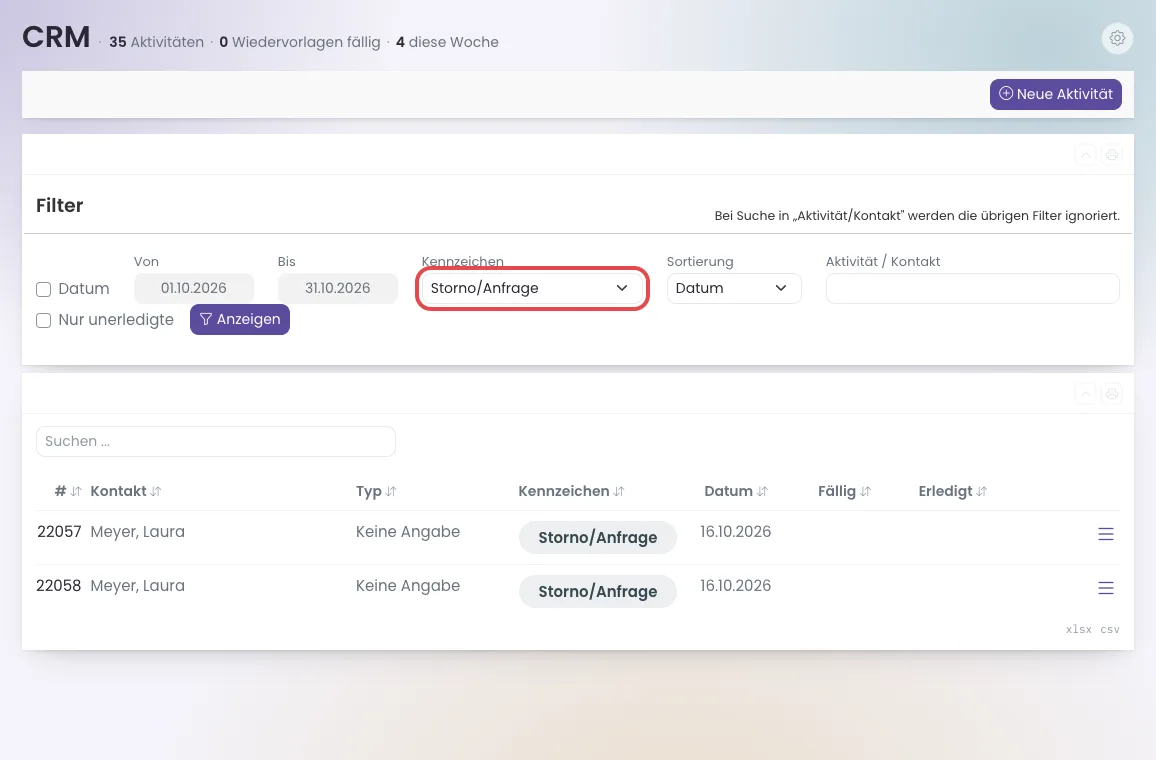 Das CRM gefiltert nach dem Kennzeichen Storno/Anfrage