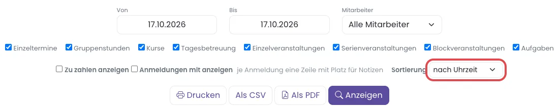 Die Auswahl des Arbeitsplans mit dem Feld Sortierung auf nach Uhrzeit