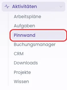 Linkes Menü mit aufgeklapptem Bereich Aktivitäten, Pinnwand markiert