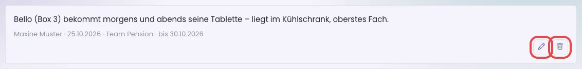 Eine Notiz mit den Knöpfen Bearbeiten und Löschen