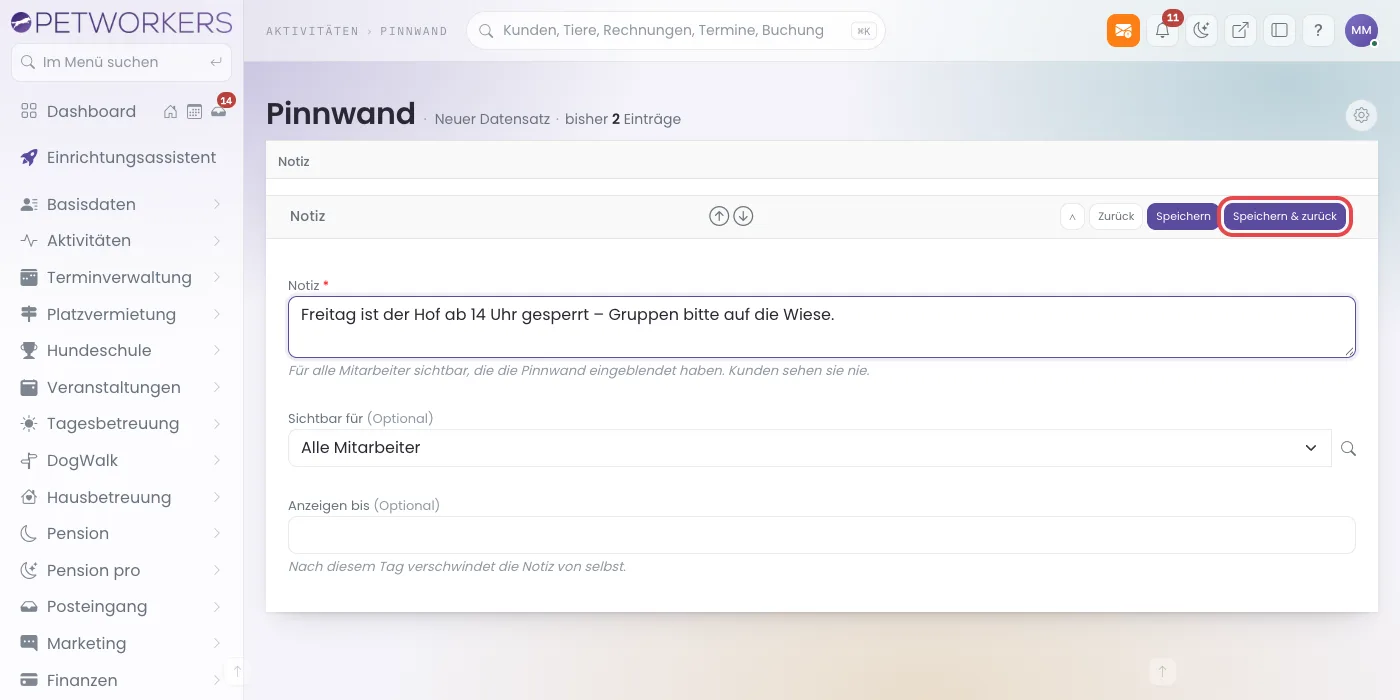 Formular mit markiertem Knopf Speichern und zurück