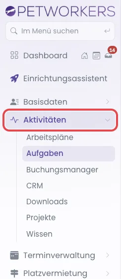 Das linke Menü mit aufgeklapptem Bereich Aktivitäten