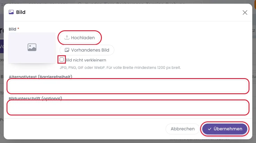 Bildblock: Foto hochladen, Alternativtext und Bildunterschrift ergänzen.