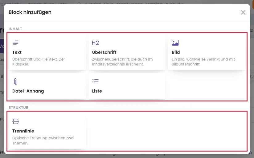 Zur Auswahl stehen Text, Überschrift, Bild, Datei-Anhang, Liste und Trennlinie.