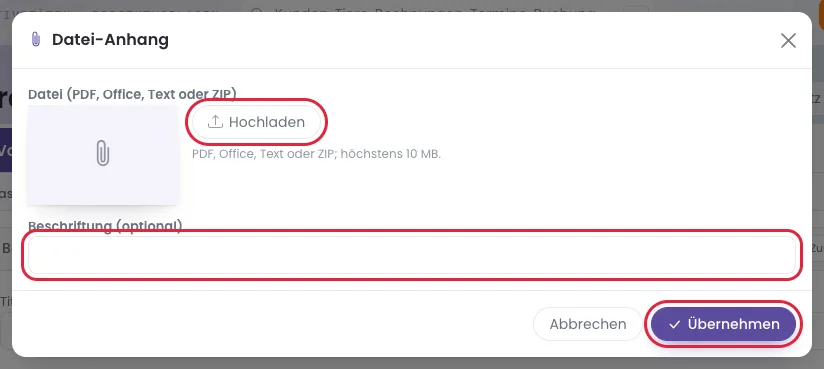 „Hochladen“ öffnet die Dateiauswahl.