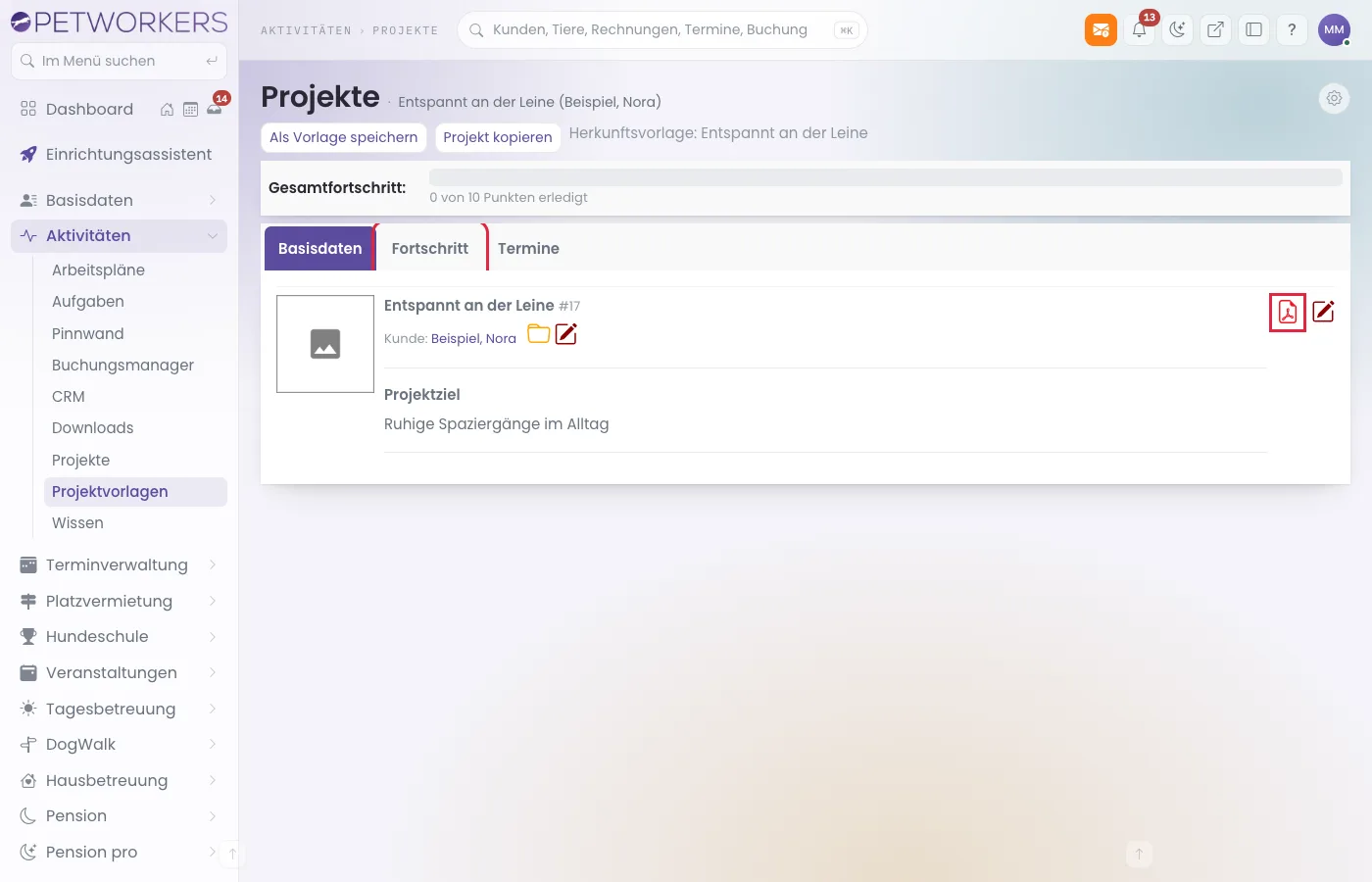 „Als PDF anzeigen“ lädt das gesamte Kundenprojekt mit seinen Schritten.
