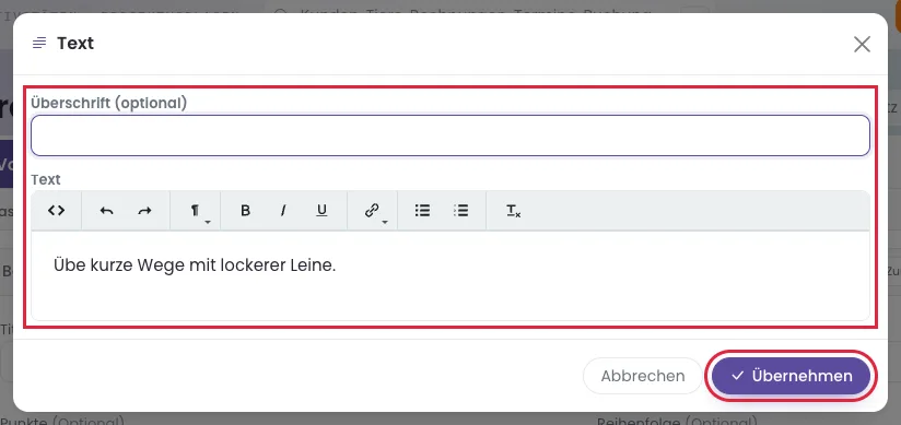 Im Textblock bearbeitest du Text und optionale Überschrift.