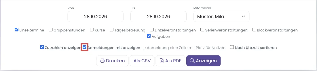 Anmeldungen mit anzeigen