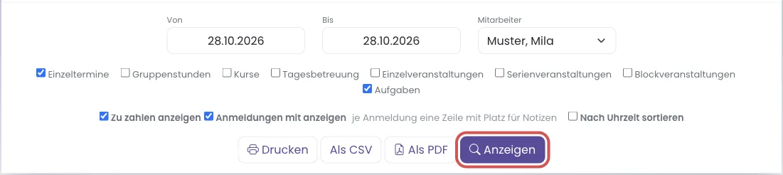 Anzeigen übernimmt die Auswahl am Bildschirm