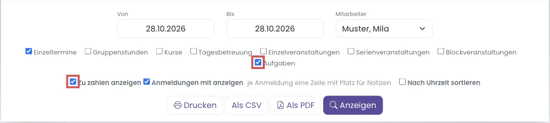 Abschnitte und Zu zahlen anzeigen
