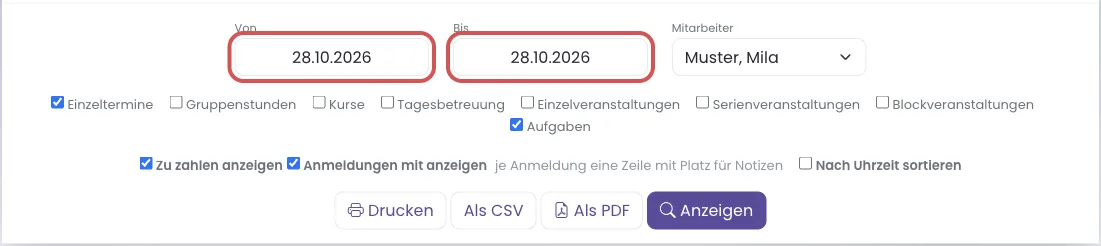 Von und Bis im Arbeitsplan