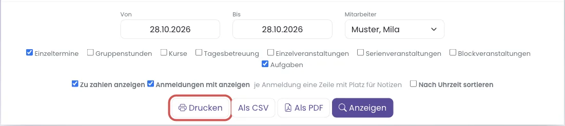 Drucken im Arbeitsplan