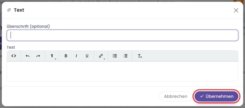 Fenster eines neuen Textblocks mit rot markiertem Knopf Übernehmen