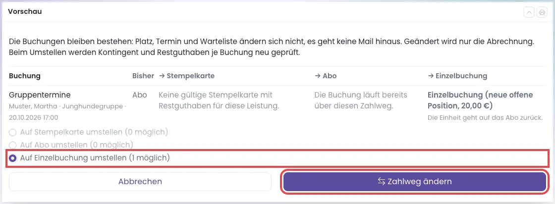 Vorschau Zahlweg ändern mit Auf Einzelbuchung umstellen