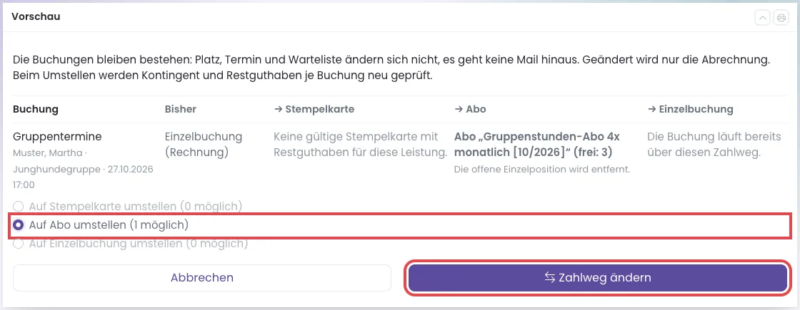 Vorschau Zahlweg ändern mit Auf Abo umstellen und dem Knopf Zahlweg ändern