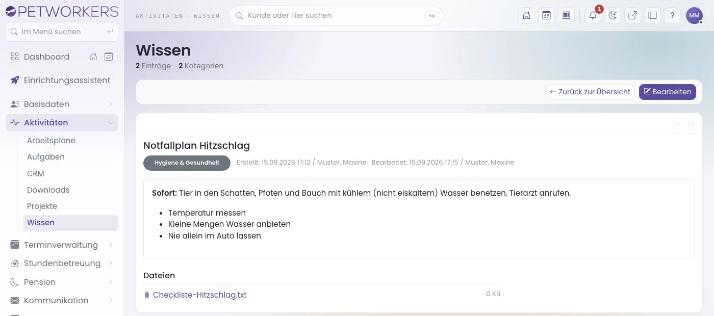 Ein Wissenseintrag in der Leseansicht mit Kategorie, Inhalt und Dateien.